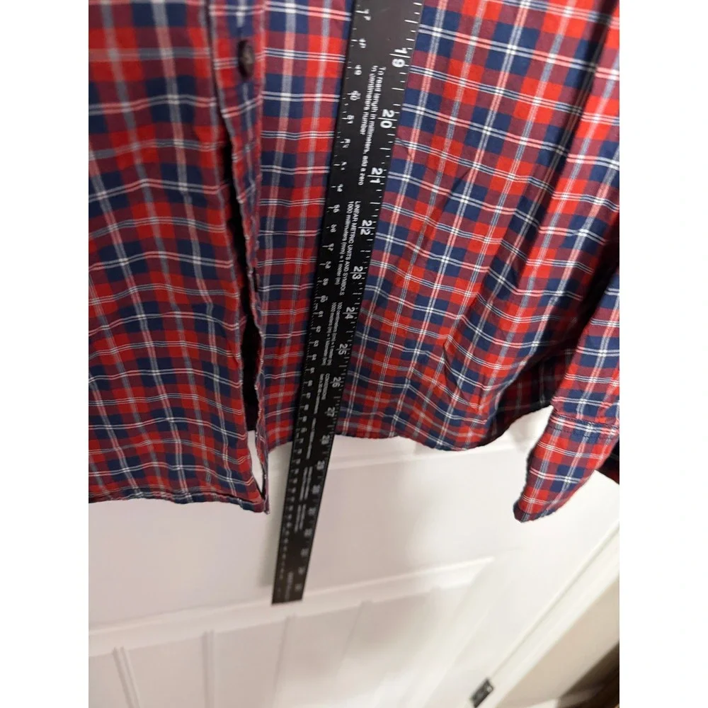 Banana Republic Button Down Mens M Untucked Fit Organic Cotton Plaid Red EUC